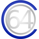 The letters 64 in silver characters, around which a silver circle, surrounded by a thicker blue round letter C